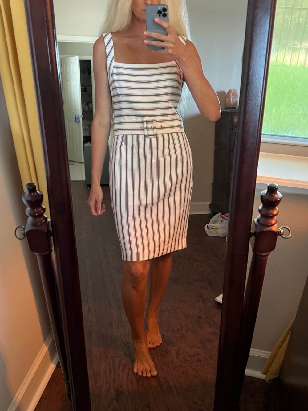 Zara Striped White and Navy Red Belted Midi Dress